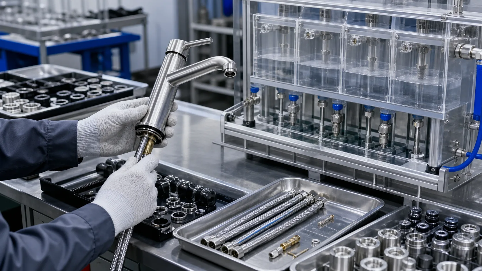 工作人员装配龙头并进行水路检查的制造过程 / Manufacturing process