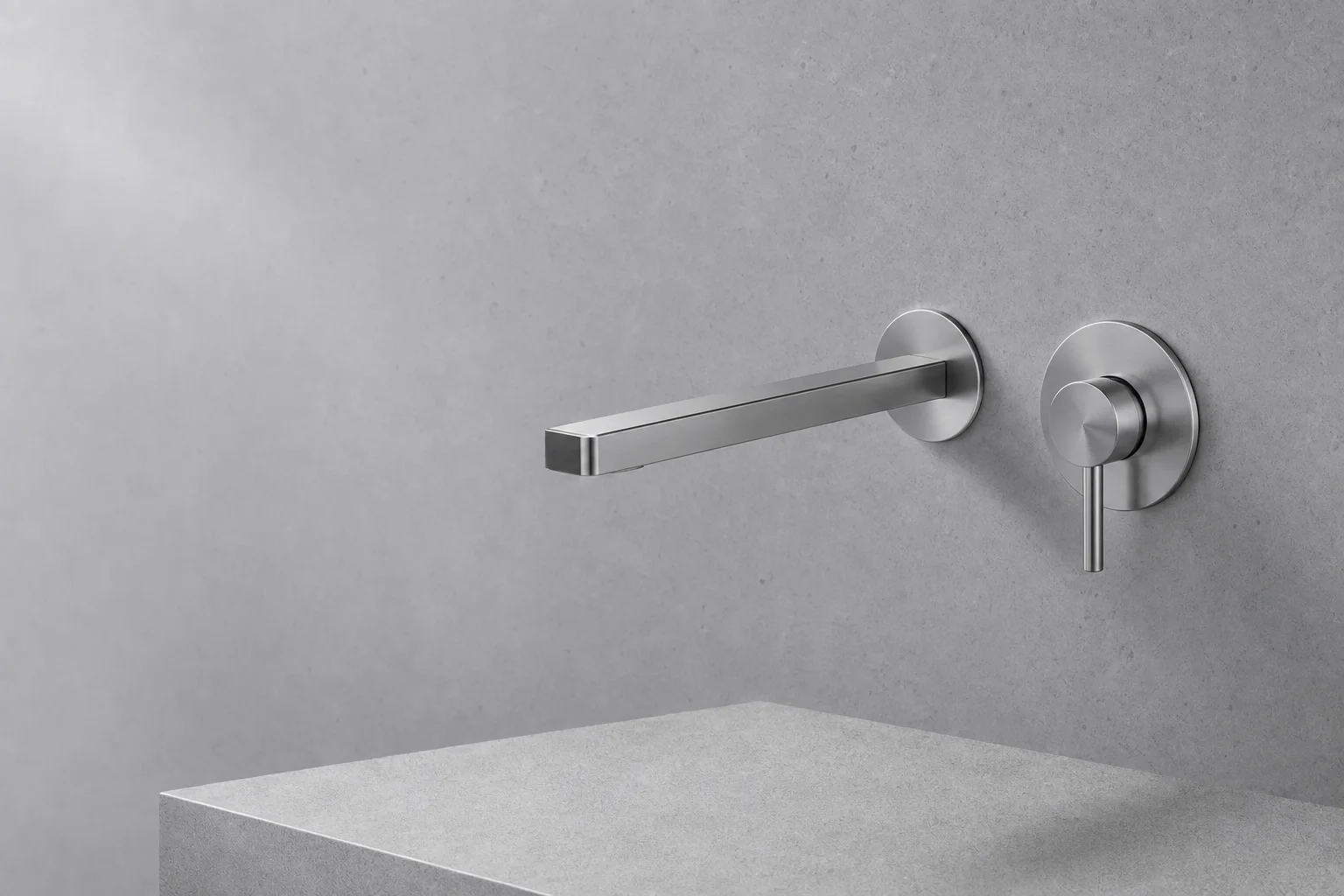 银灰墙面上的衡序入墙面盆龙头产品图 / Wall-mounted Basin Mixer by Zhengda.