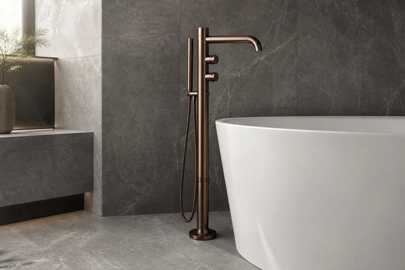 带正大文字蚀刻的臻铜独立式浴缸龙头 / Brass Freestanding Bath Mixer by Zhengda.