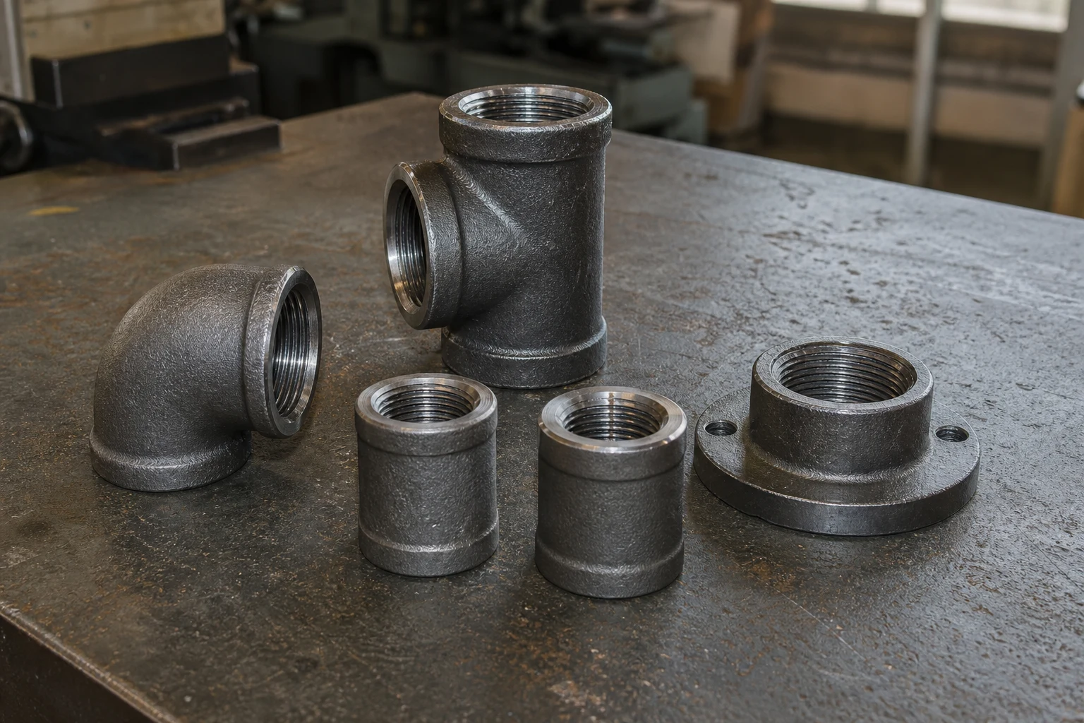 工作台上的金属管道配件 / Metal Pipe Fittings by Zhengda.