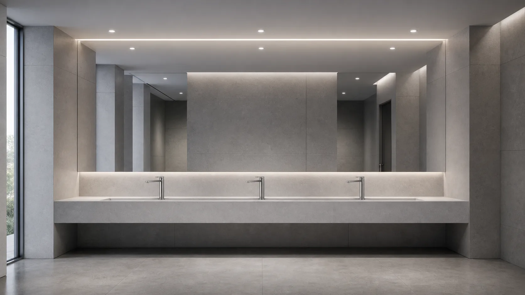 连续台盆与三件龙头组成的商业公共洗手空间 / Commercial public washroom with a continuous basin and three faucets