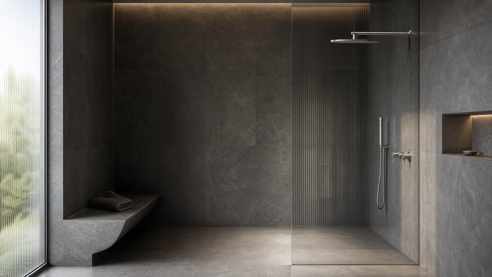 带嵌入式淋浴系统的酒店卫浴空间 / Hotel bathroom with a concealed shower system