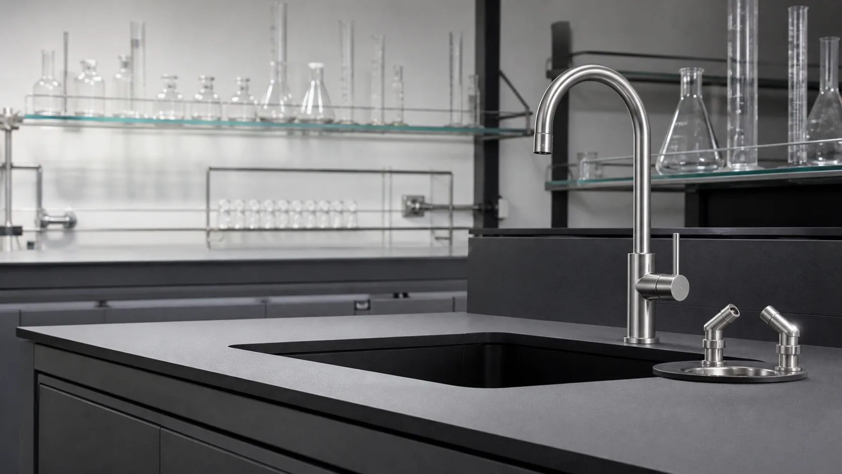 实验工作台中的原创鹅颈龙头与洗眼设备空间 / Laboratory worktop with an original gooseneck faucet and eyewash equipment